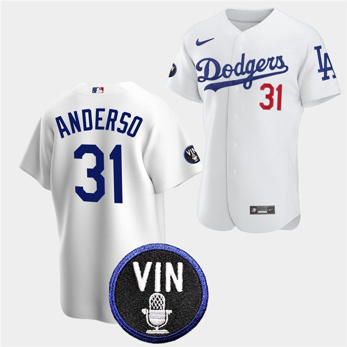 Men's White Los Angeles Dodgers #31 Tyler Anderson 2022 Vin Scully Patch Cool Base Stitched Baseball Jersey
